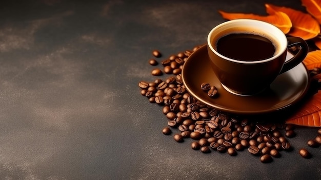 A cup of coffee with a leaf on the table