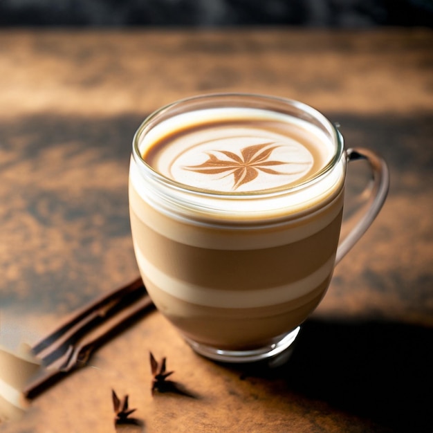 A cup of coffee with a leaf on the top.