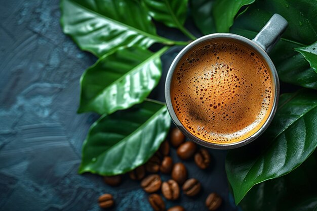 a cup of coffee with a leaf on the top