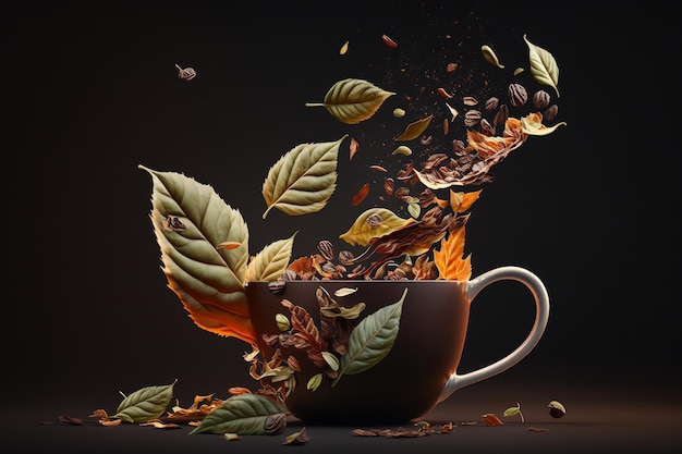 A cup of coffee with leaves falling out of it
