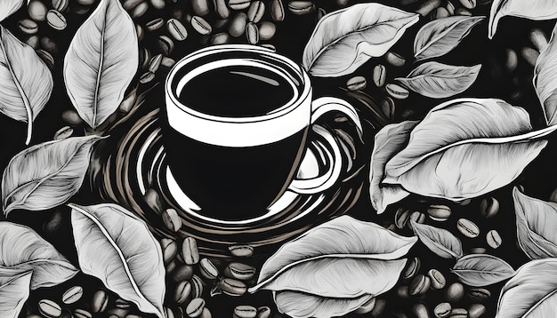 Photo a cup of coffee with leaves and a leaf in the background