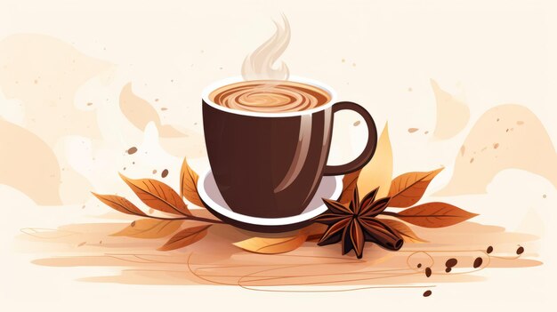 A cup of coffee with leaves and spices on a white background