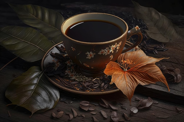 A cup of coffee with leaves on the table