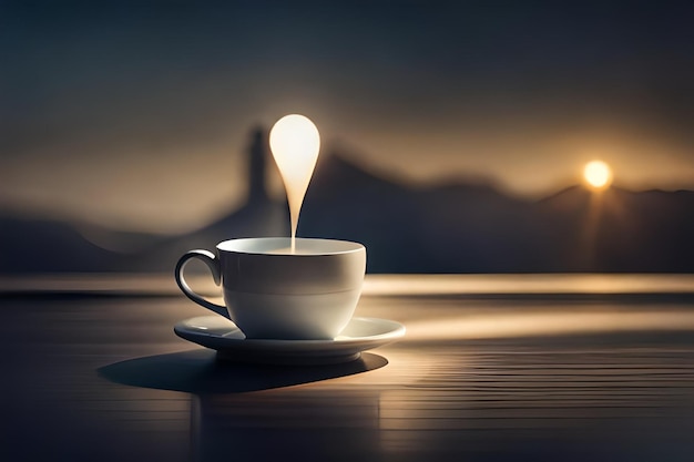 a cup of coffee with a light on it