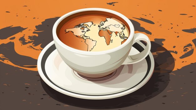 A cup of coffee with a map of the world on it