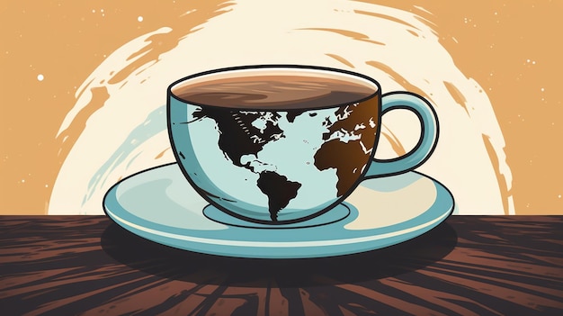 a cup of coffee with a map of the world on it