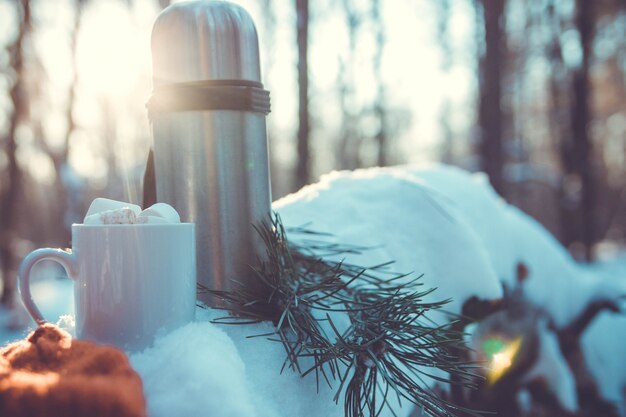 Cup of coffee with marshmallow and thermos in snow