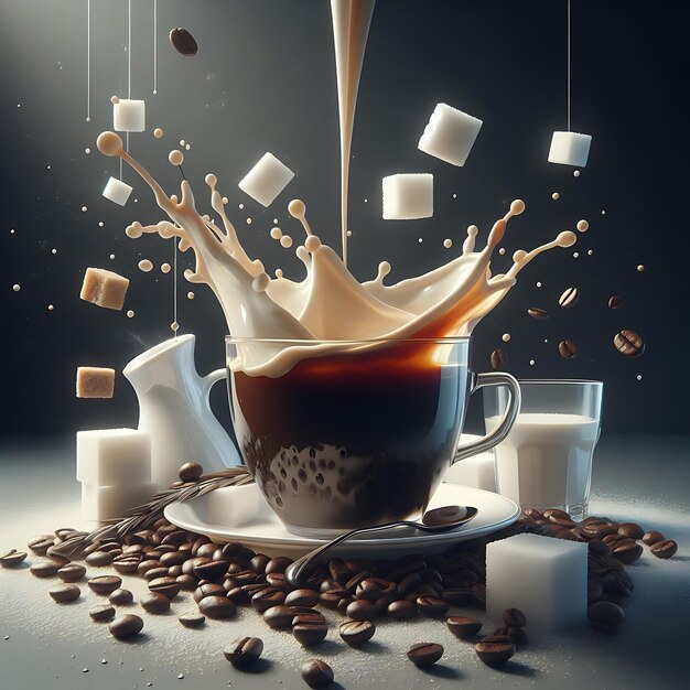 a cup of coffee with milk and coffee beans