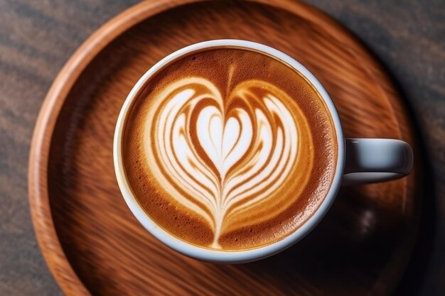 Cup of coffee with milk and heart shape foam hot chocolate or cappuccino closeup Generative AI