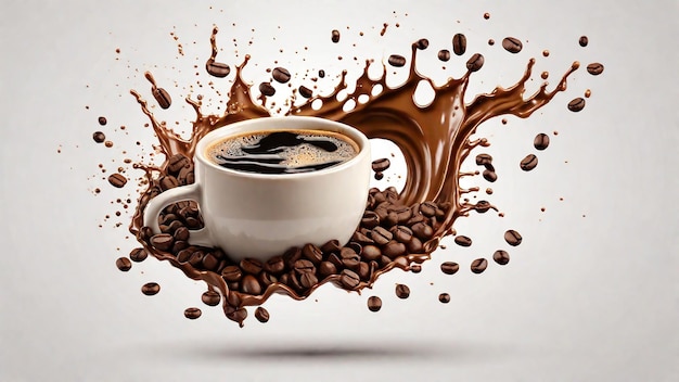 Cup of coffee with milk splash and coffee beans on gray background