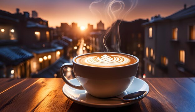 чашка кофе с утренним солнцем на заднем плане