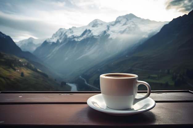 A cup of coffee with mountains in the background