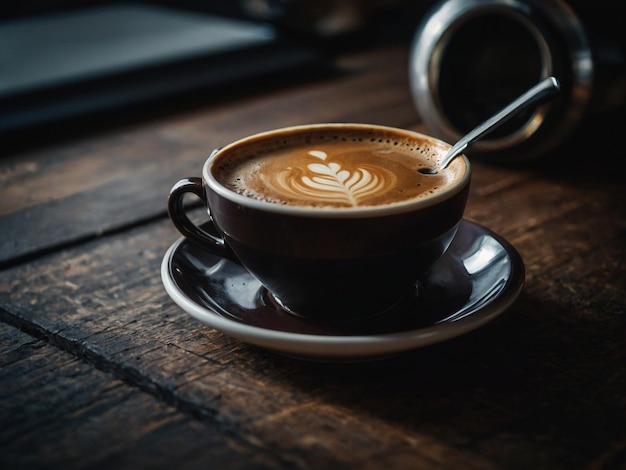 Photo cup of coffee with notebook next to it