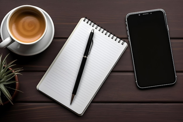 Cup of coffee with notepad and smartphone on wooden table Top view