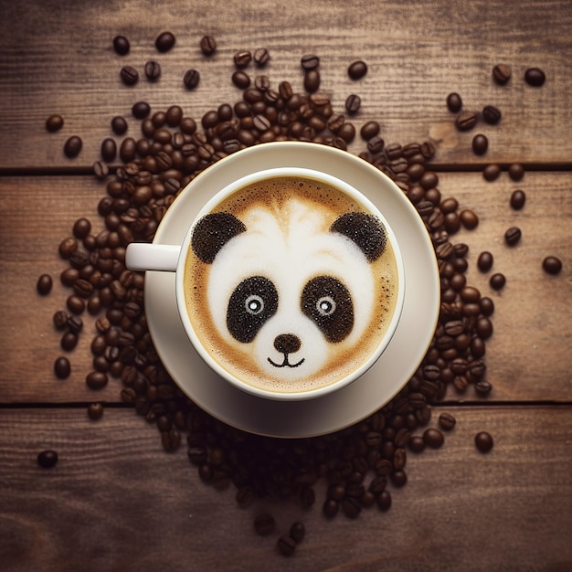 A cup of coffee with a panda face on it.