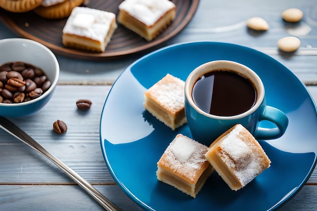 a cup of coffee with pastries on a plate