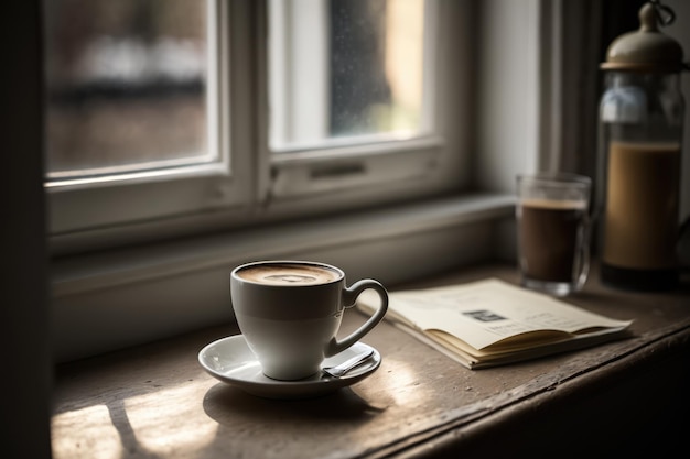 Чашка кофе с рисунком и книга на деревянном подоконнике, созданная с использованием генеративной технологии ИИ