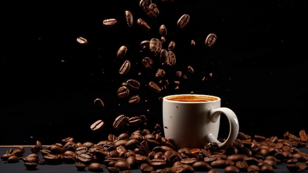 a cup of coffee with a pattern of coffee beans on a black background