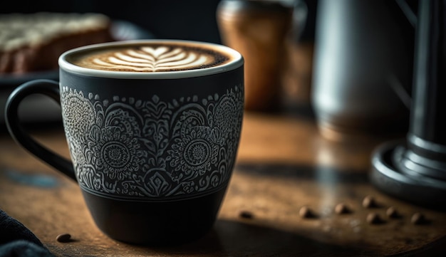 A cup of coffee with a pattern on the rim