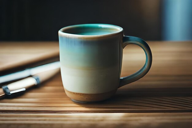 A cup of coffee with a pen on a table