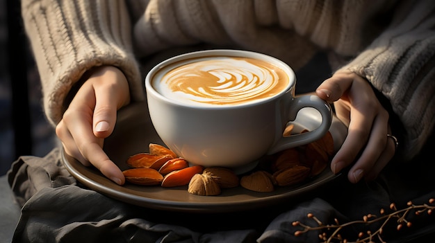 a cup of coffee with a person holding a cup of coffee