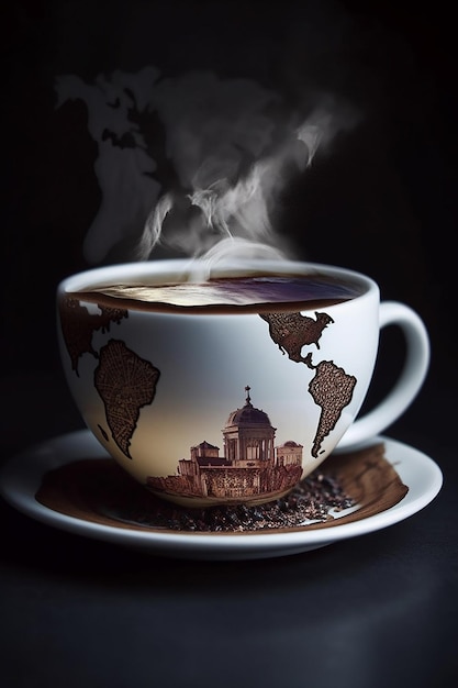 A cup of coffee with a picture of a cathedral on the top.