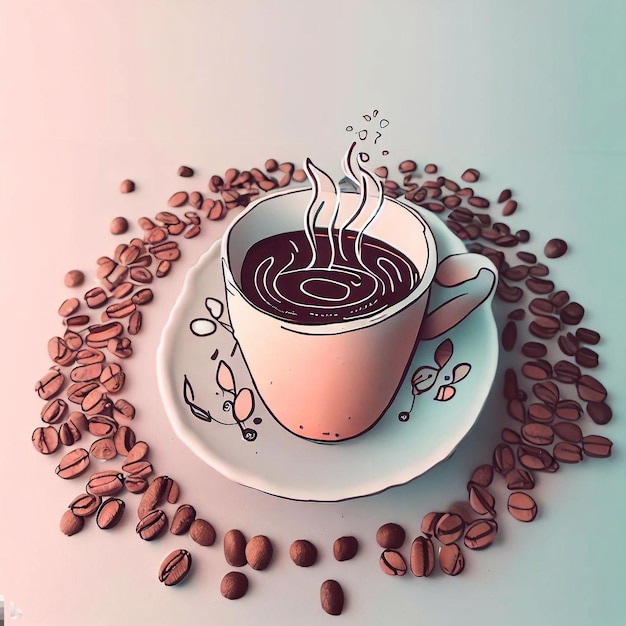 a cup of coffee with a picture of a cup of coffee and beans.