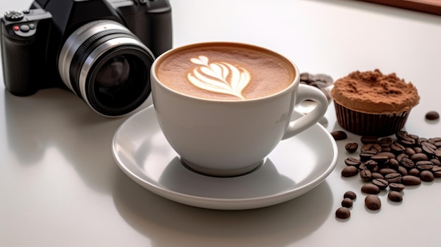 чашка кофе с изображением латте и фотоаппаратом на столе.