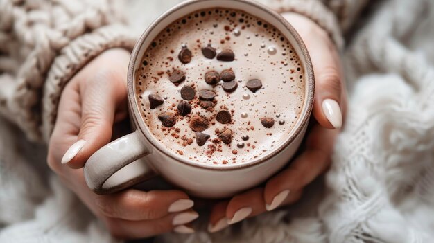 cup of coffee with pieces of chocolate on foam in hands in a knitted sweater on a wooden table in a cozy atmosphere The concept of coziness and breakfast