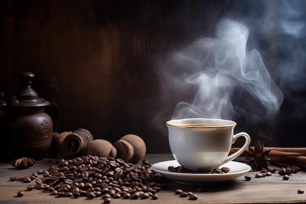 A cup of coffee with a pile of coffee beans on the table.