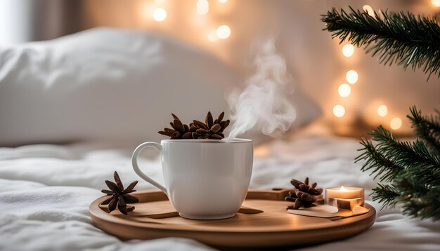 Photo a cup of coffee with pine cones on a tray with a cup of coffee