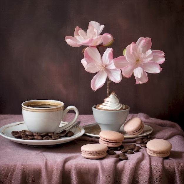 A cup of coffee with pink flowers and a cup of coffee on a pink tablecloth.