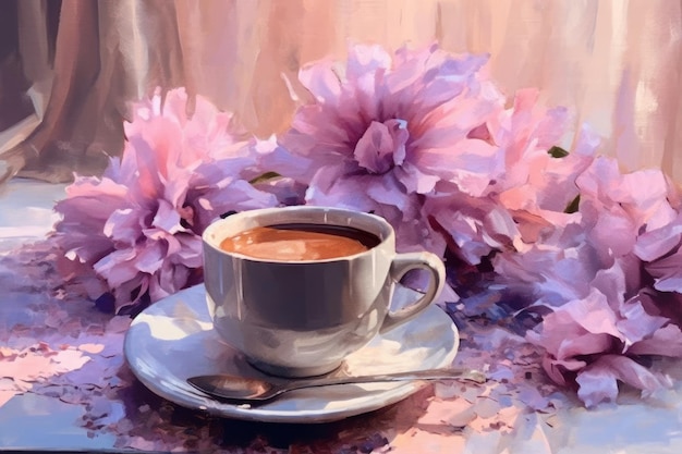 A cup of coffee with pink flowers