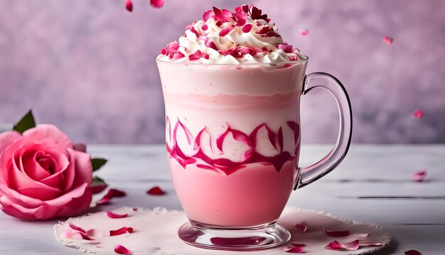 Photo a cup of coffee with pink and white flowers on the side