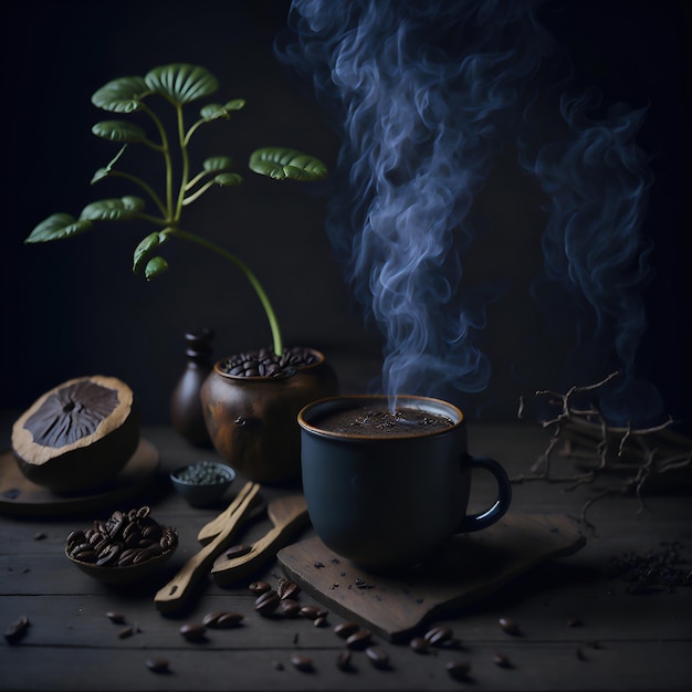 A cup of coffee with a plant in the background