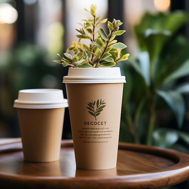 a cup of coffee with a plant on the side