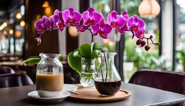 a cup of coffee with purple orchids in it next to a coffee cup