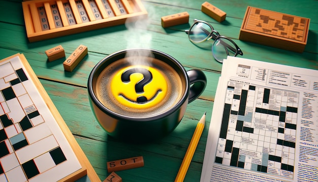 Cup of coffee with question mark and puzzle on wooden table