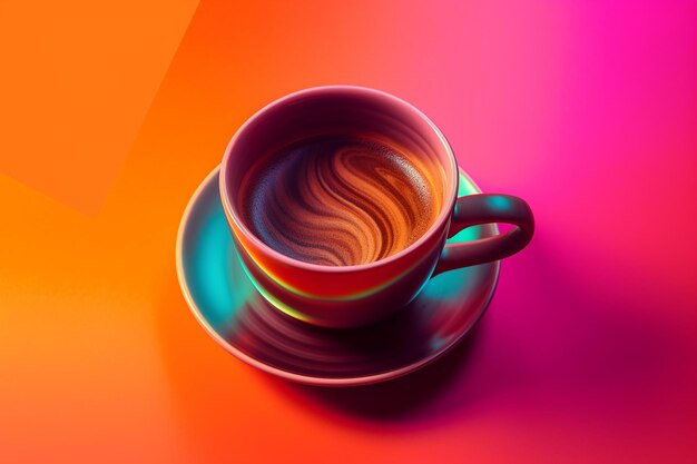 A cup of coffee with a rainbow background