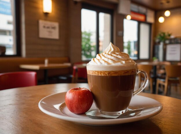 A cup of coffee with a red apple on a plate next to it