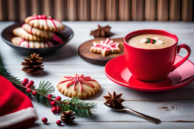 A cup of coffee with a red cup of coffee and cookies on the table