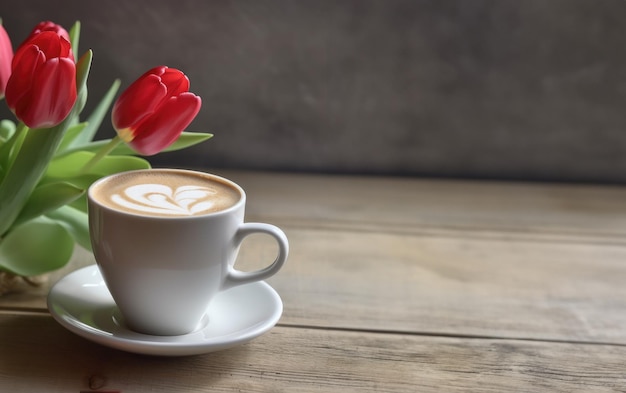 Cup of coffee with red tulips on wooden table Valentines day background