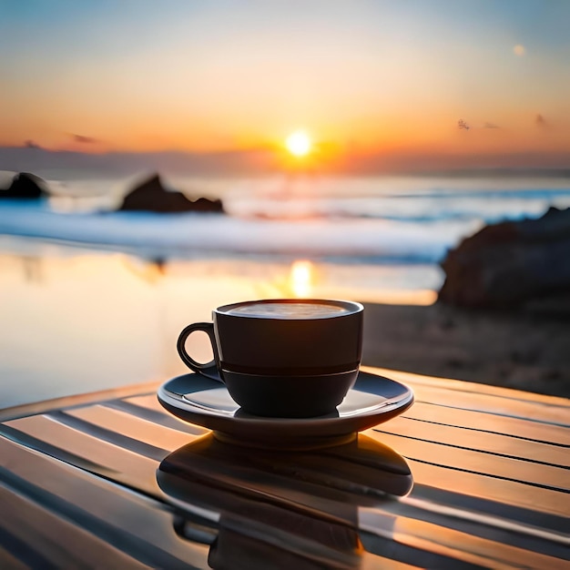 Premium Photo  A cup of coffee with a view of the ocean in the background.