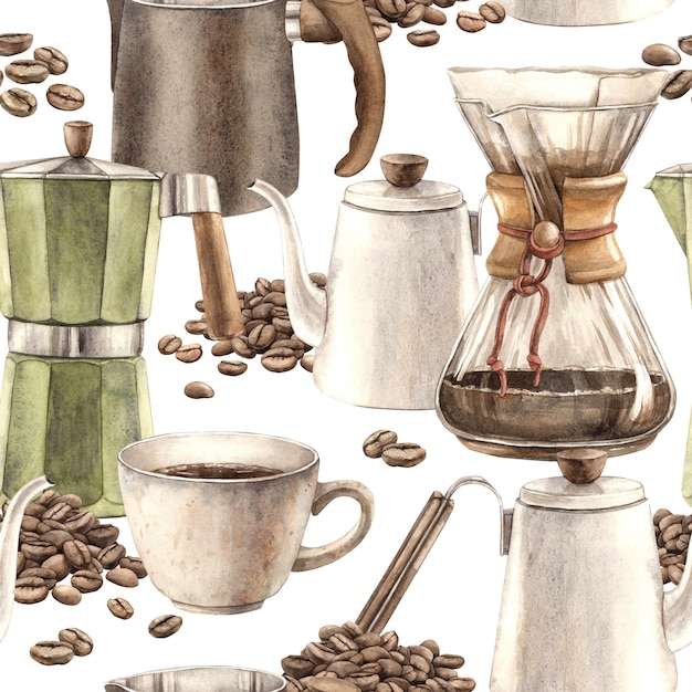 cup of coffee with roasted brown coffee beans with white ceramic teapot geyser coffee maker green milk jug and filter watercolor seamless pattern for shop and cafe design packaging banner