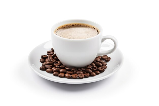 Cup of coffee with roasted coffee beans on white background Generative AI