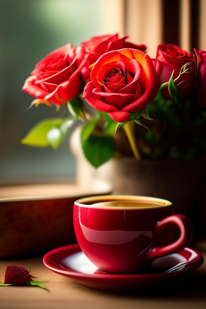 A cup of coffee with roses in the background