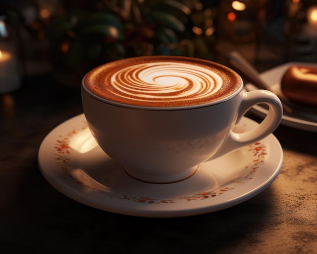 Cup of Coffee with Rosetta Latte Art on Dark Wood Table with a Pastry and a Plant in the Background