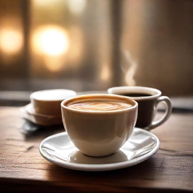 a cup of coffee with a saucer of cappuccino on a table