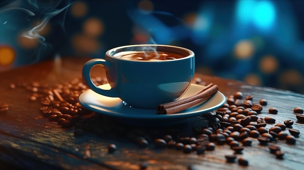 접시와 계피 스틱이 있는 커피 한 잔 Generative AI Art