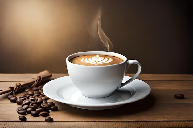 A cup of coffee with a saucer and coffee beans on the table.